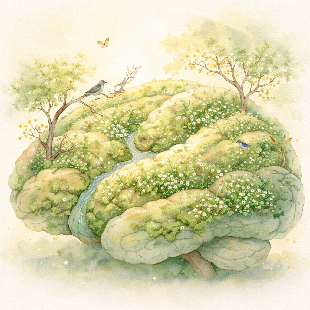 Soothing illustration of a brain as a lush garden, symbolizing focus and mental wellbeing in supportive environments.