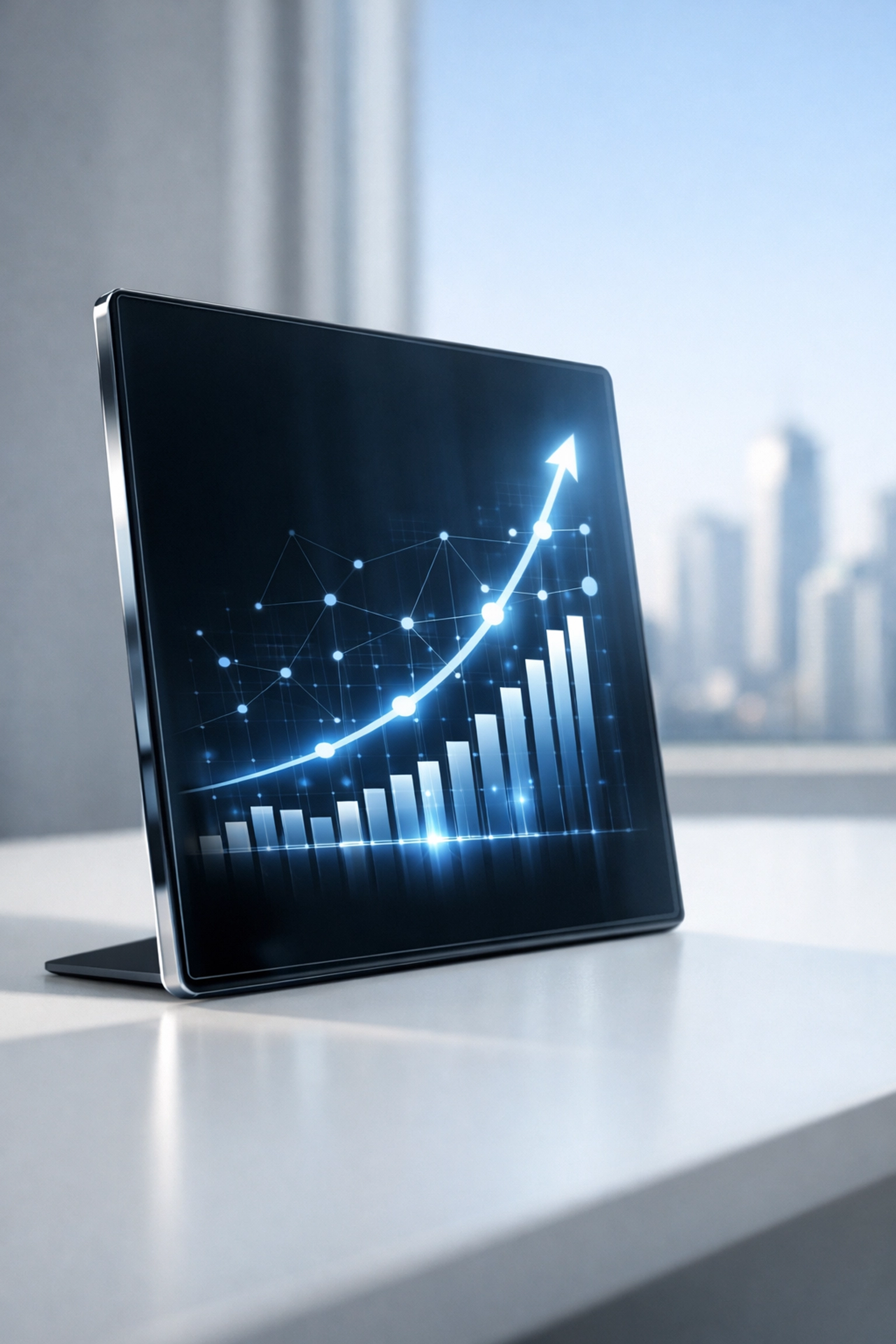 Digital tablet displaying a growth curve for data-driven business transformation and agility.