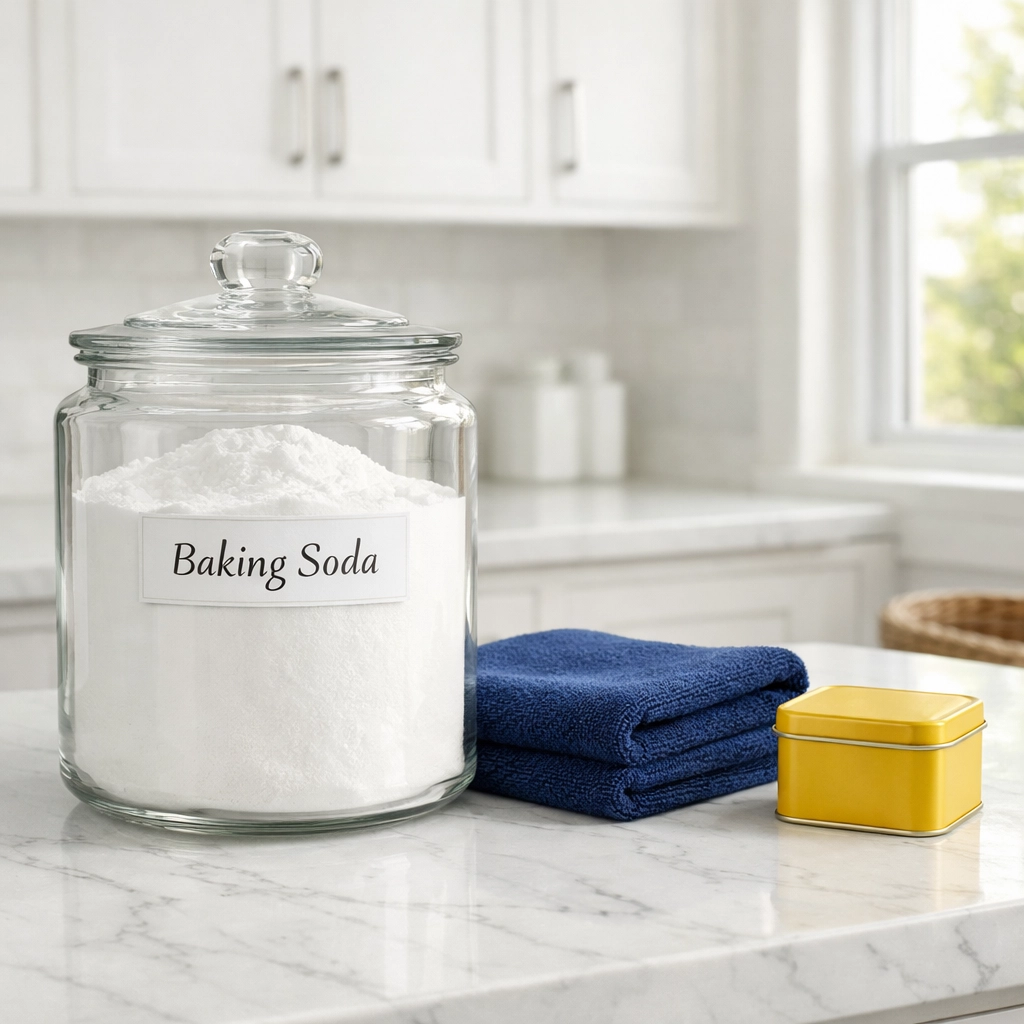Glass canister of baking soda for eliminating odors during weekly house cleaning.