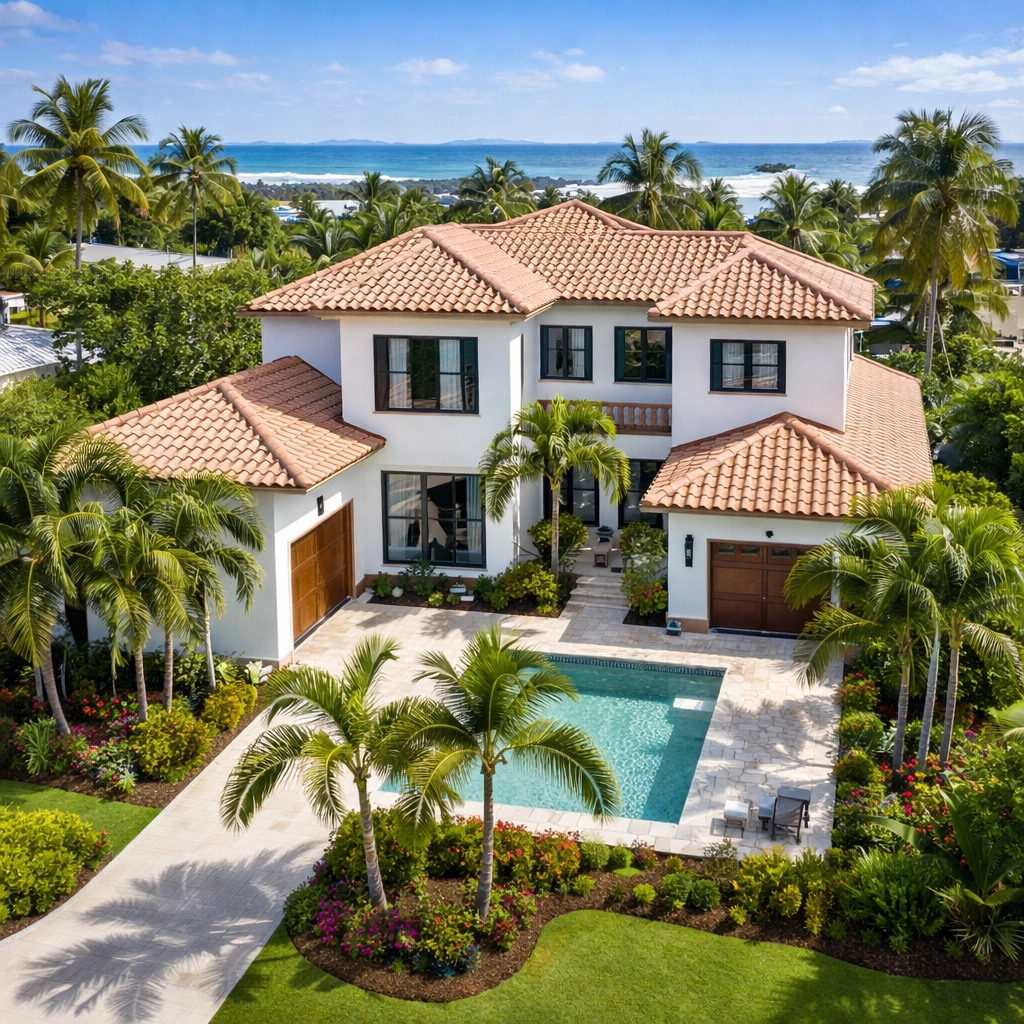 Completed custom-built Florida home with pool, tropical landscaping, and modern design