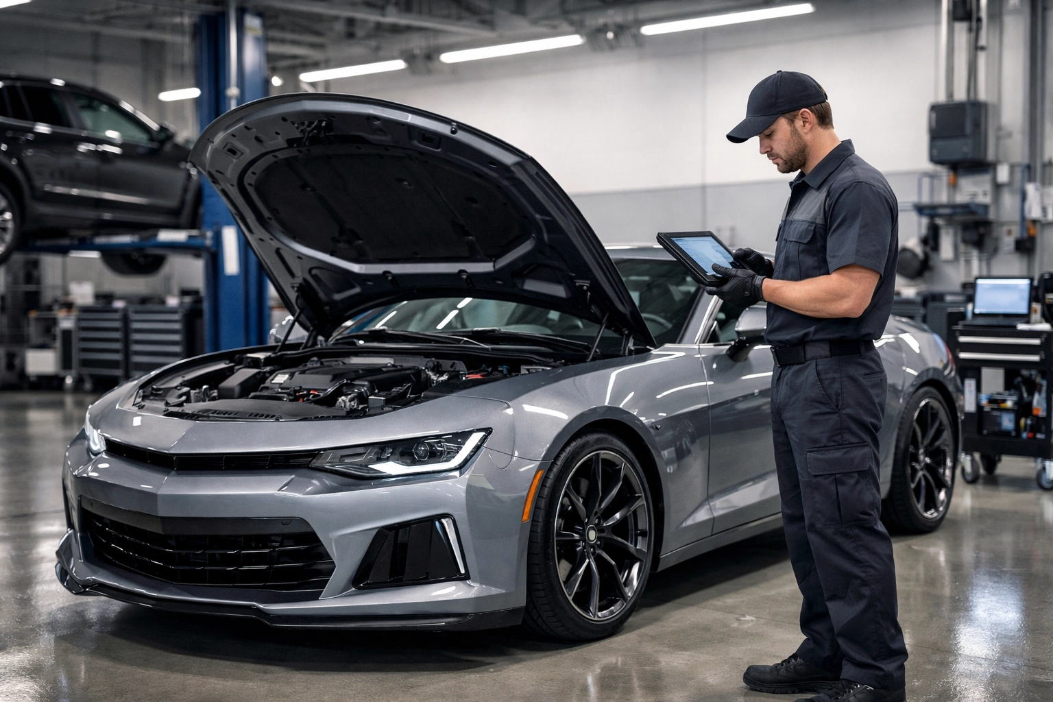 Sleek sports car in a modern auto repair shop being worked on by a technician