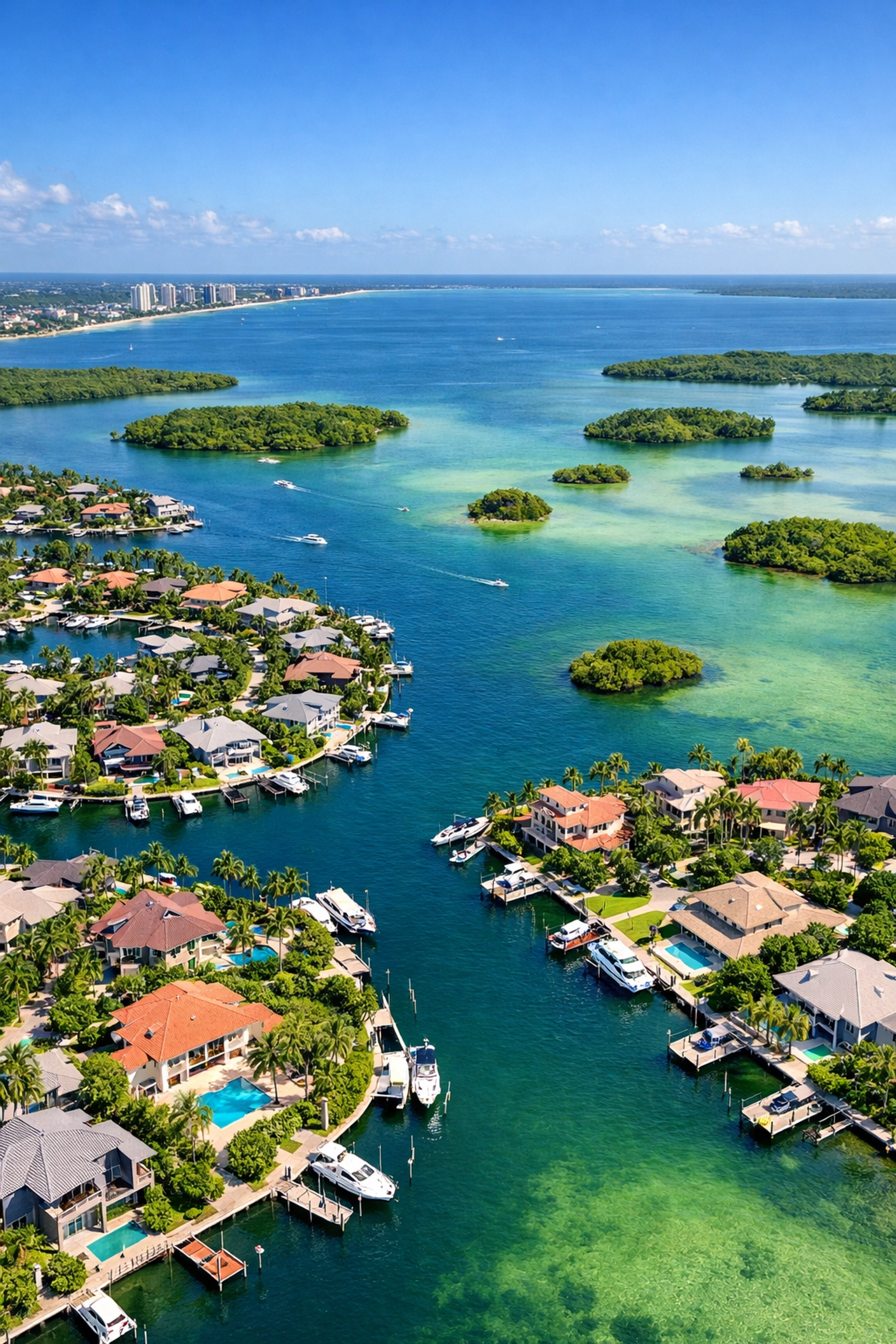 Aerial view of Cape Coral waterfront homes and deep blue boating canals in Southwest Florida.