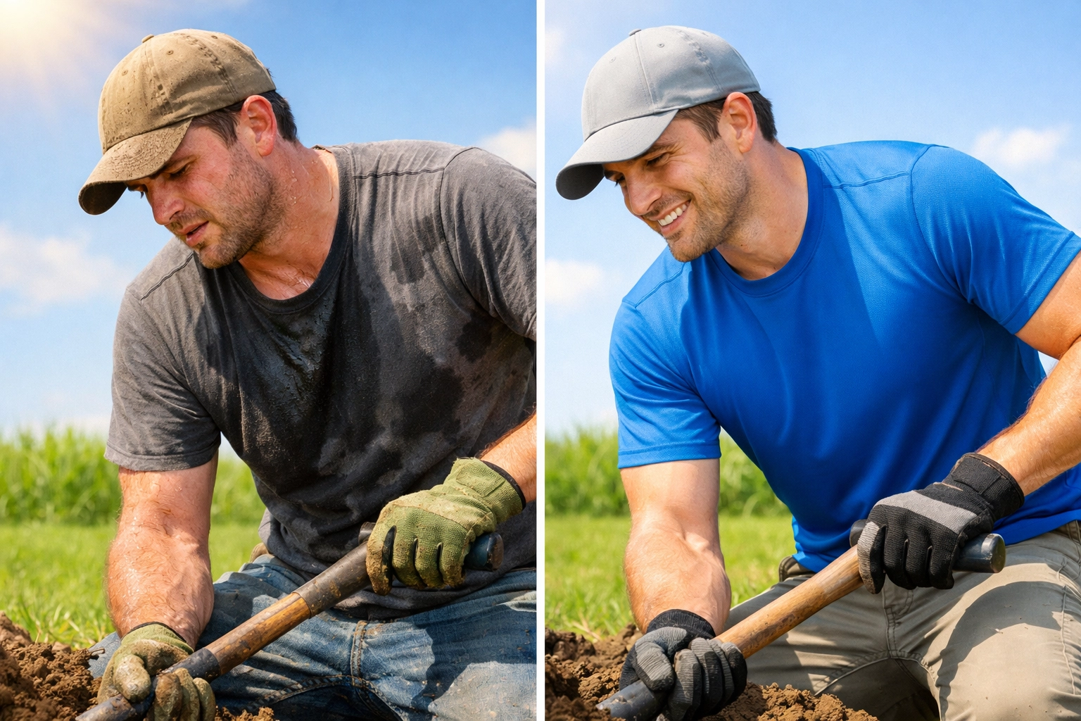 Side-by-side comparison of cotton versus moisture-wicking shirt performance for landscaping crews