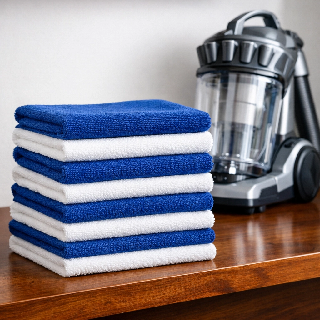 Clean microfiber cloths and a vacuum ready for professional residential cleaning in Reading Massachusetts.