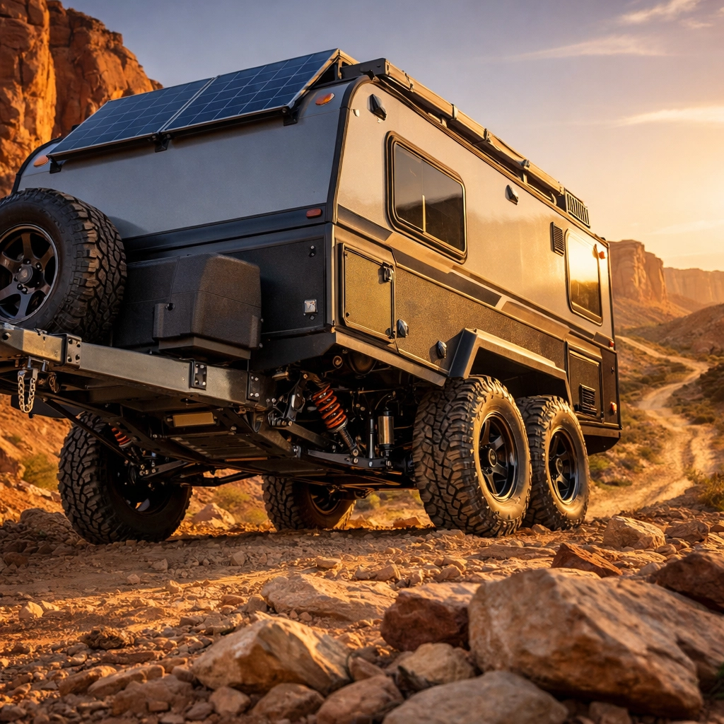 Off-road RV trailer with independent suspension and solar panels on rocky desert trail at sunset