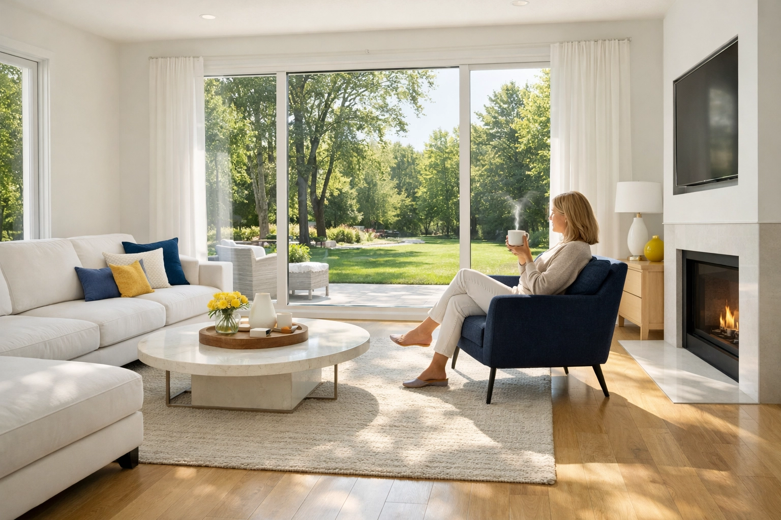 A spotless, sun-drenched living room in a Massachusetts home after professional house cleaning services.