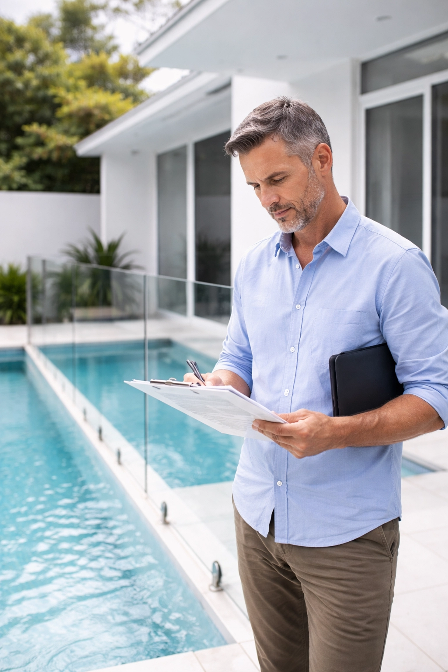 Inspector reviewing compliance documentation for new frameless glass pool fence beside a pristine pool, ensuring pool fencing meets Australian Standards.