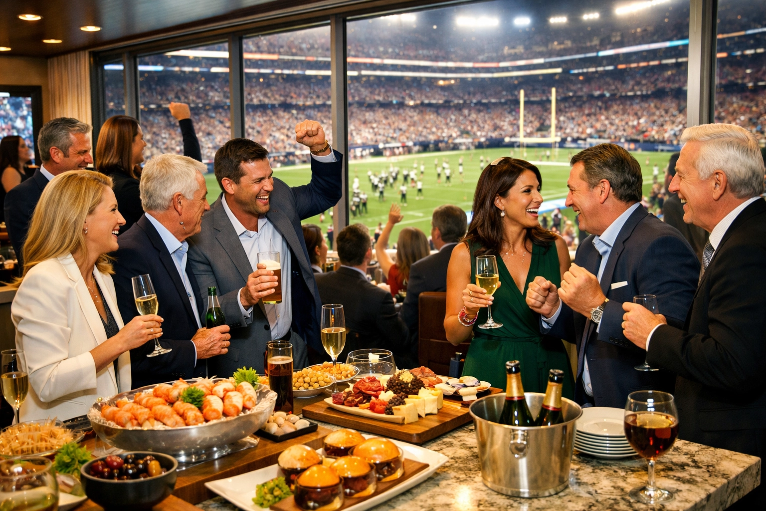 The First-Timer's Guide to Super Bowl Corporate Hosting: Your 90-Day Preparation Checklist for Maximum Brand Impact Business executives networking in premium Super Bowl suite during game day celebration