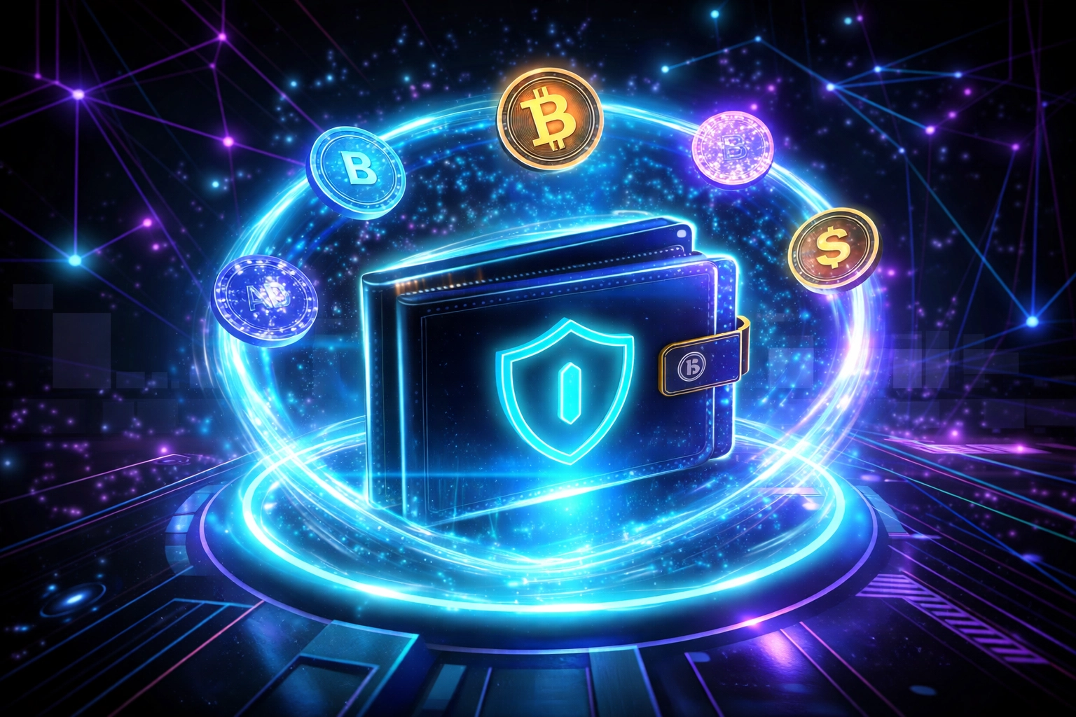 Visual of a secure digital crypto wallet with coins, representing self-custody and advanced metaverse payment security