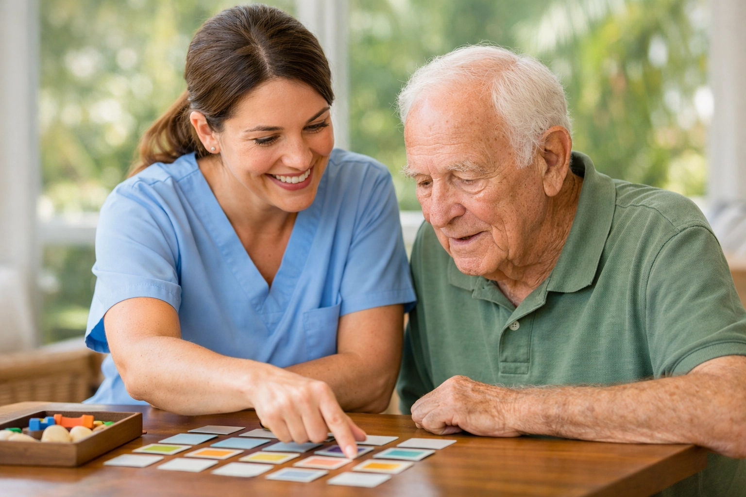 Caregiver assisting a resident with activities in a Sarasota memory care facility sunroom.