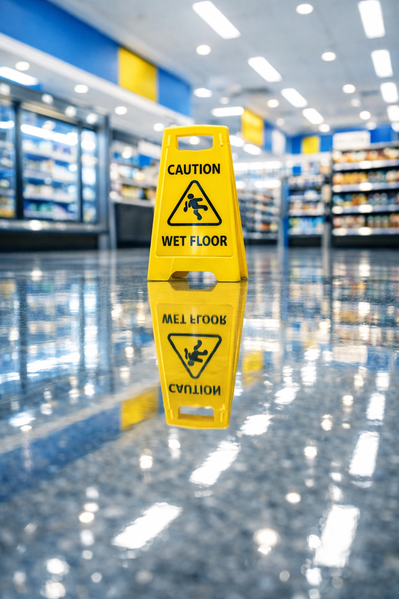 High-gloss supermarket floor with a yellow safety marker ensuring slip-and-fall prevention in Burlington.