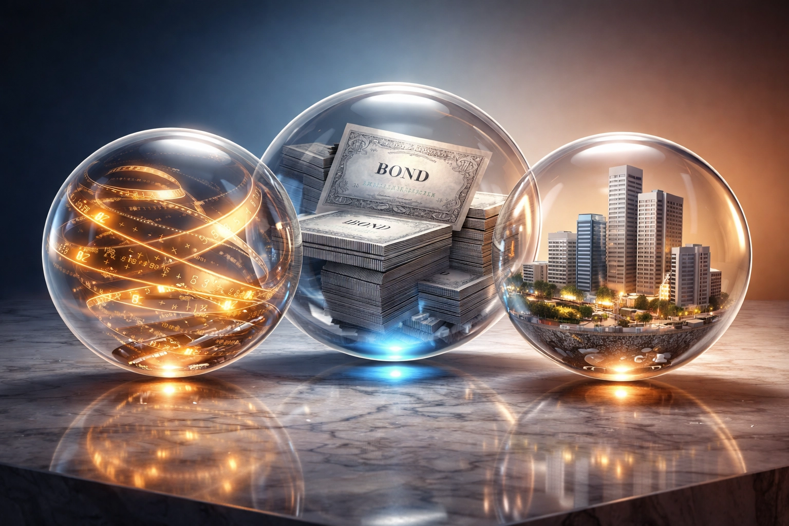 Interconnected spheres symbolizing diversified asset allocation of stocks, bonds, and alternatives in a portfolio.