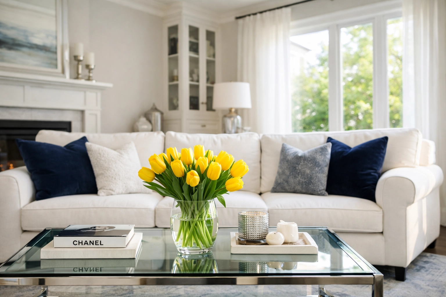 Sun-drenched luxury living room perfectly cleaned and organized by professional home cleaning services.