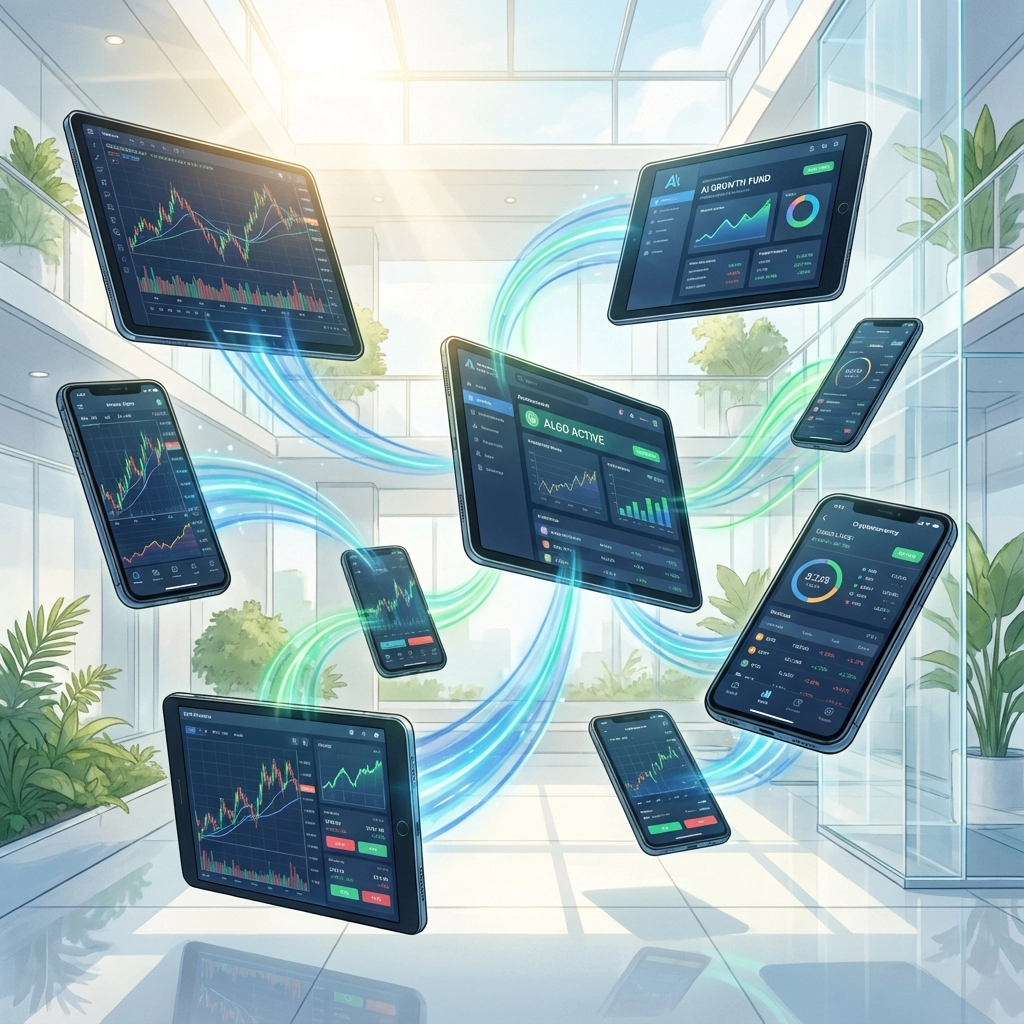 Tablets and phones float, displaying stock charts and graphs, in a bright, modern atrium with plants and glass. Blue and green light trails.