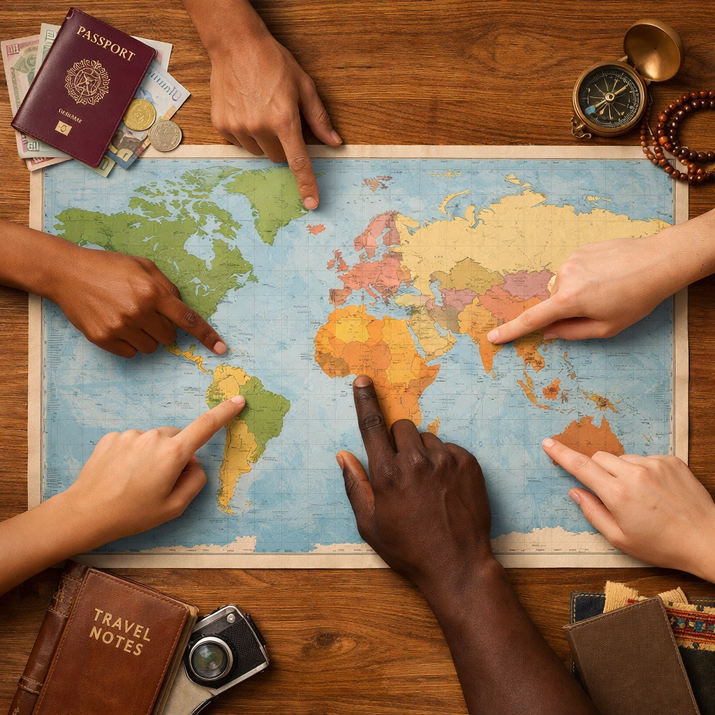 Hands from diverse backgrounds pointing to world map showing global network connections