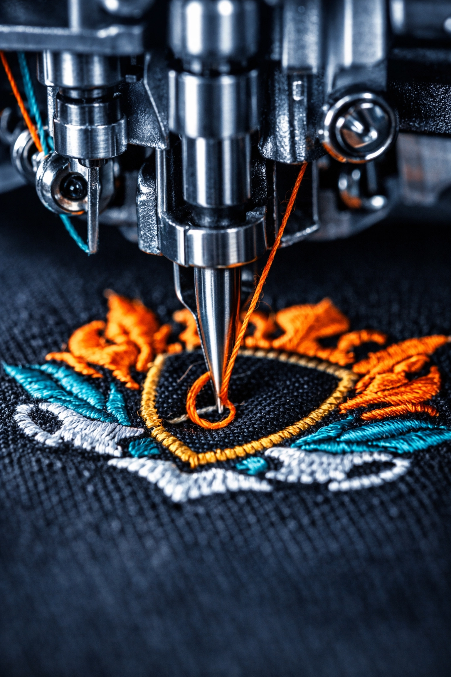 Precision industrial embroidery machine stitching a colorful logo onto professional business apparel.