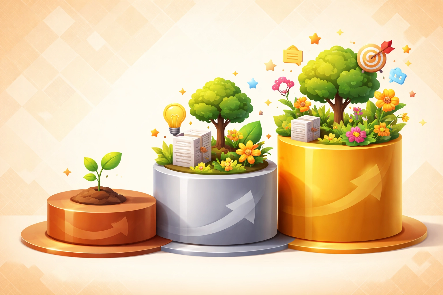 Three podiums with growing plants visualizing the value and scale of Brand Flow Automation Packages.