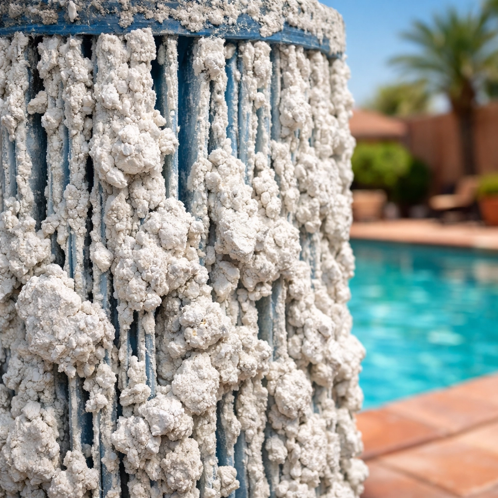 Mesa Arizona pool filter cartridge covered in thick white calcium scaling from hard water buildup.