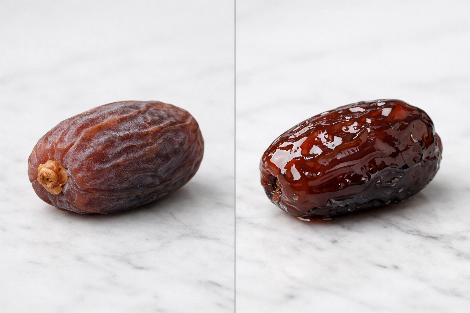 Comparison of a natural matte-finish date versus a shiny, syrup-coated commercial date.