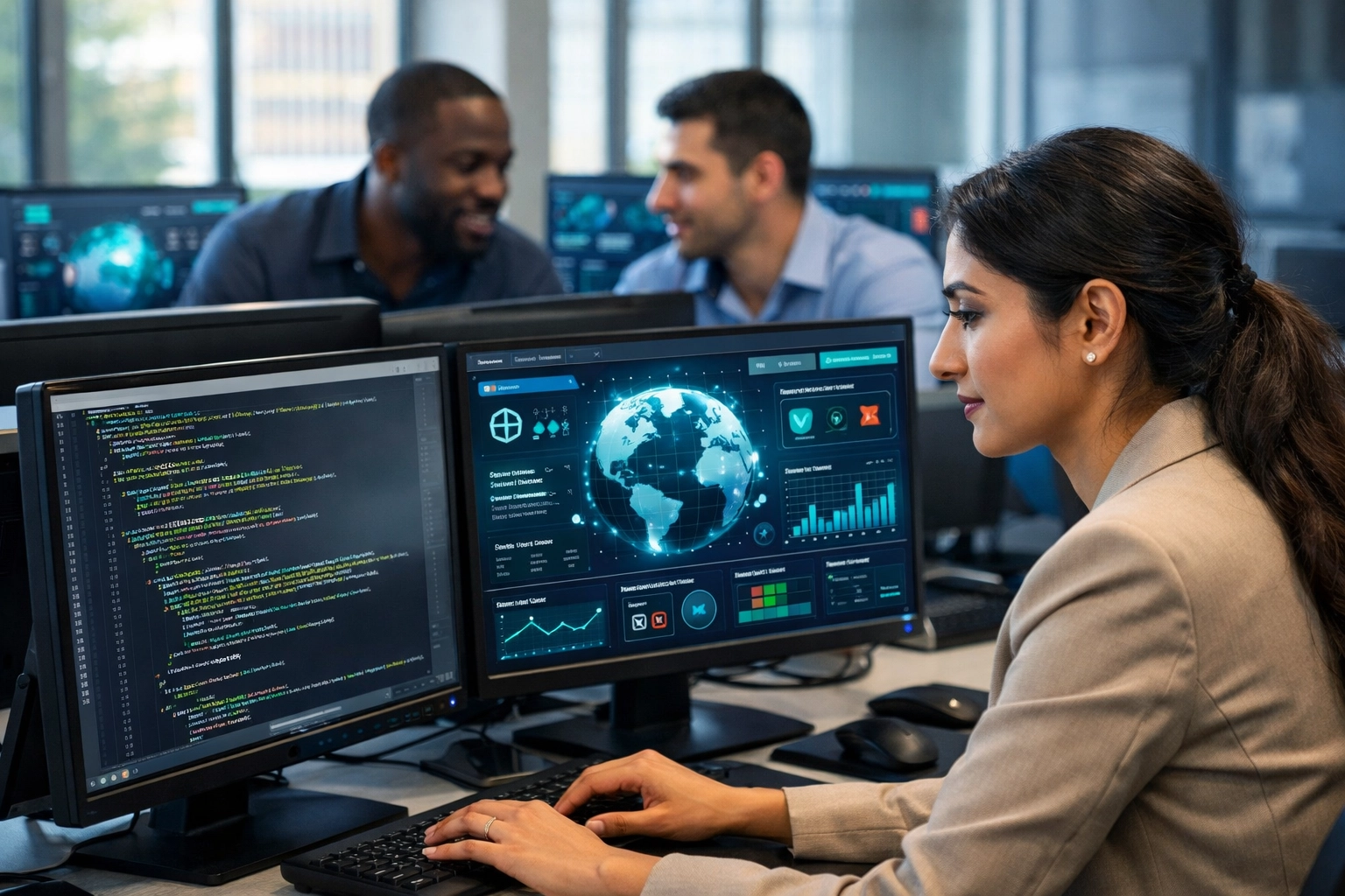 Fintech cybersecurity team monitoring network security dashboards in modern office