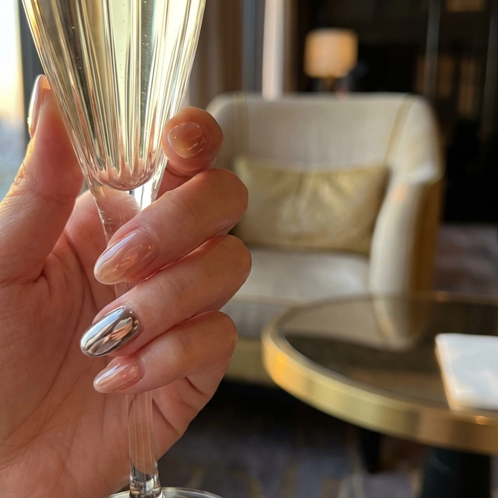 Japanese gel manicure with chrome accent, reflecting modern manicure trends near Norwood and Westwood, MA.