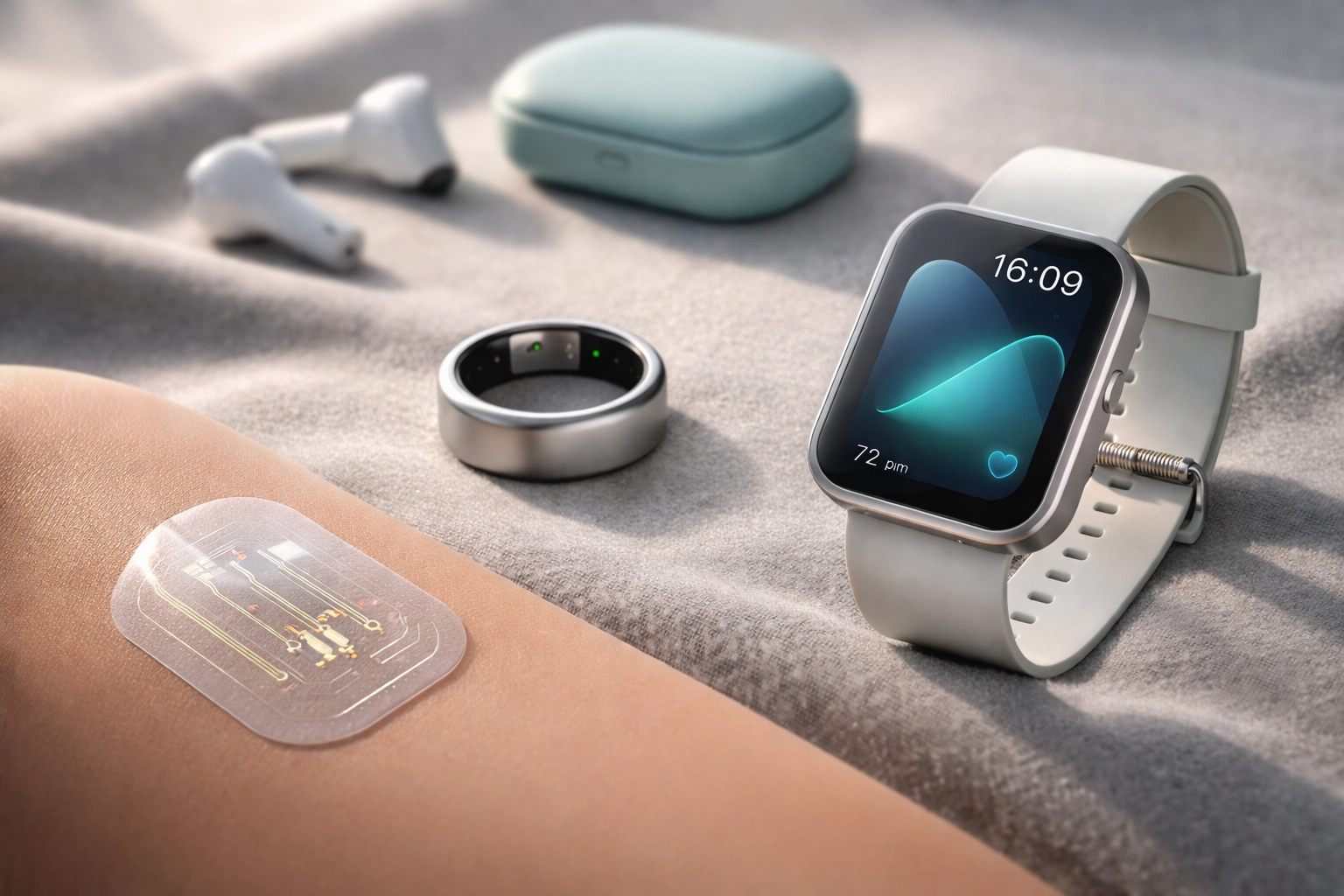 Close-up of diverse wearable health devices including a smart ring, health patch, and smart watch on a grey surface.