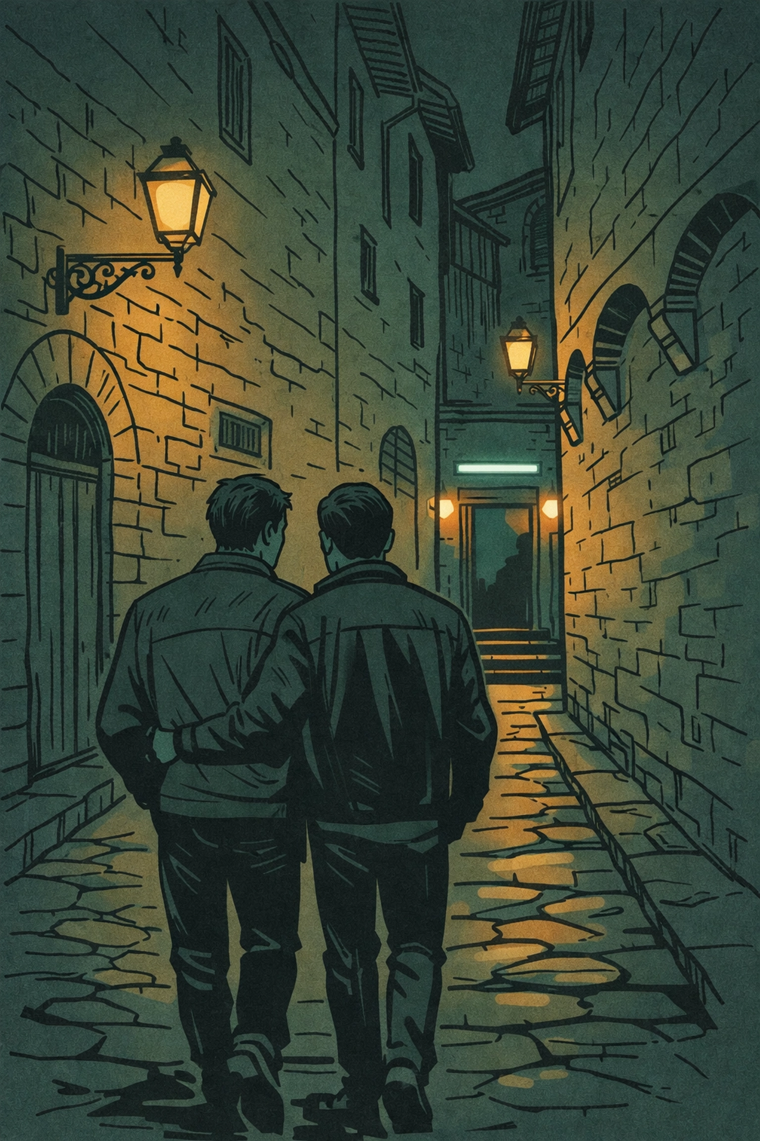 Two men approaching Crisco Club entrance in historic Florence alley at night