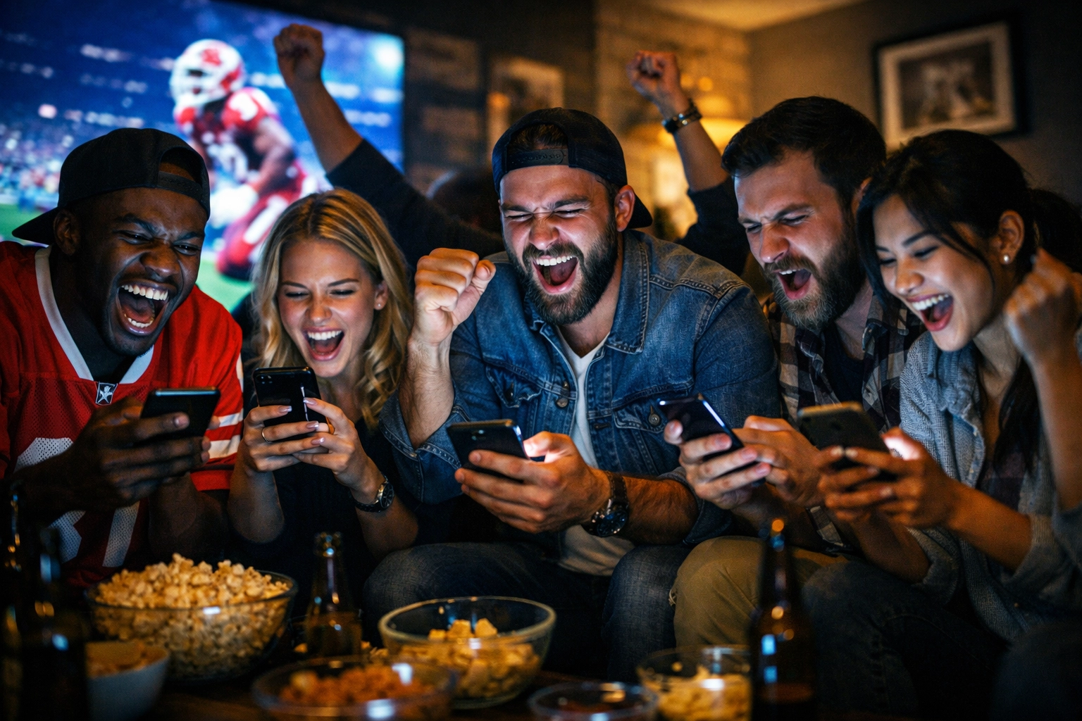 Fans using smartphones to react to Super Bowl ads, showing the second screen sentiment impact on ROI.