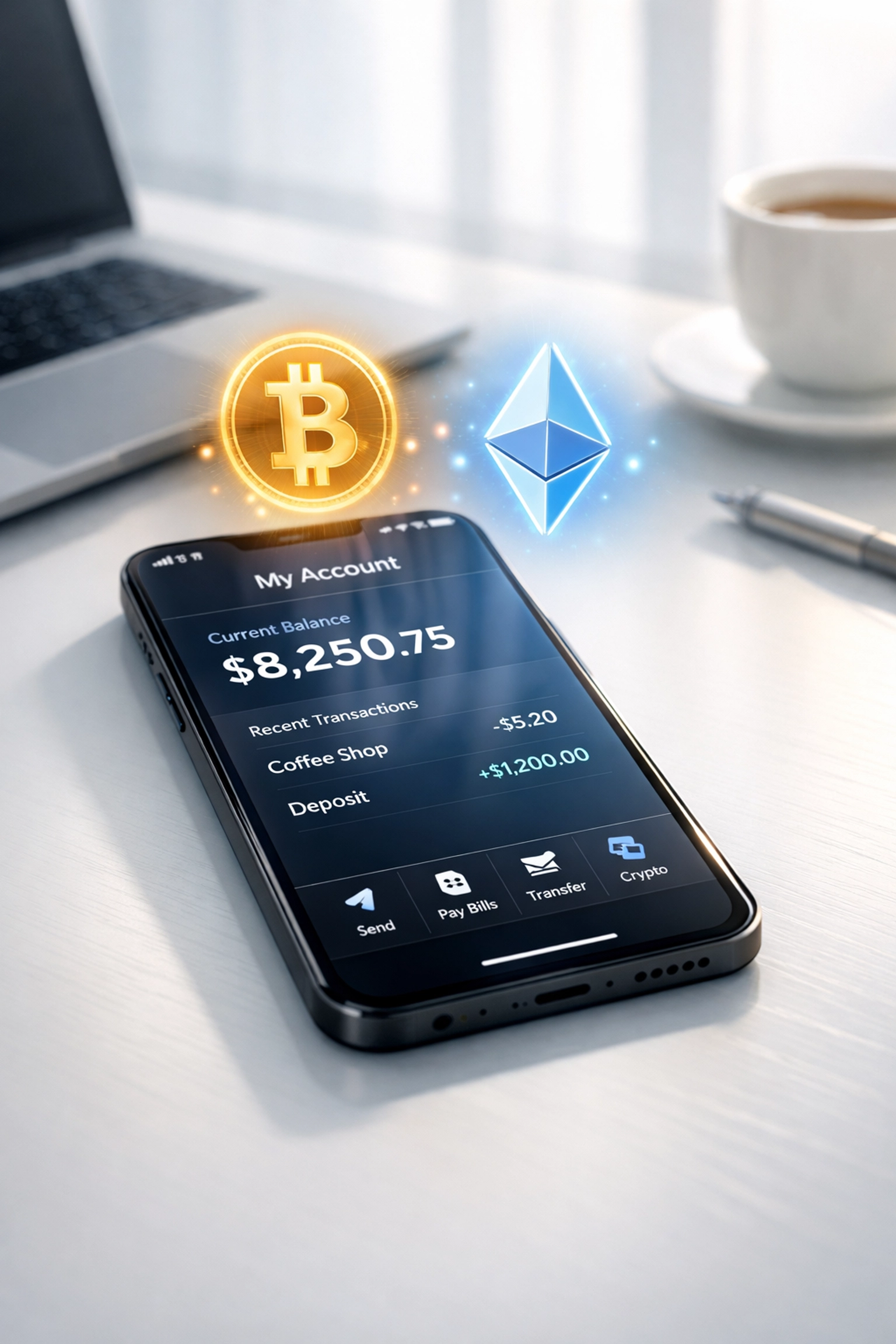 Smartphone displaying digital banking app with cryptocurrency symbols overlay