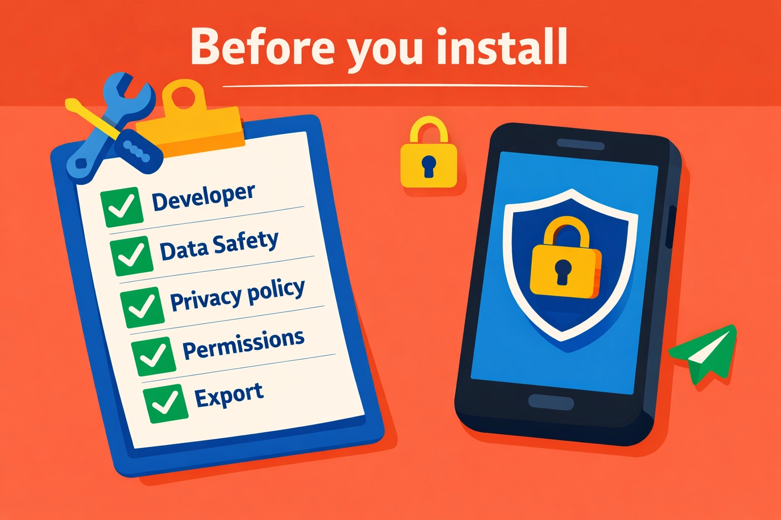 Illustration of a simple 'Before you install' checklist for vetting Play Store apps.