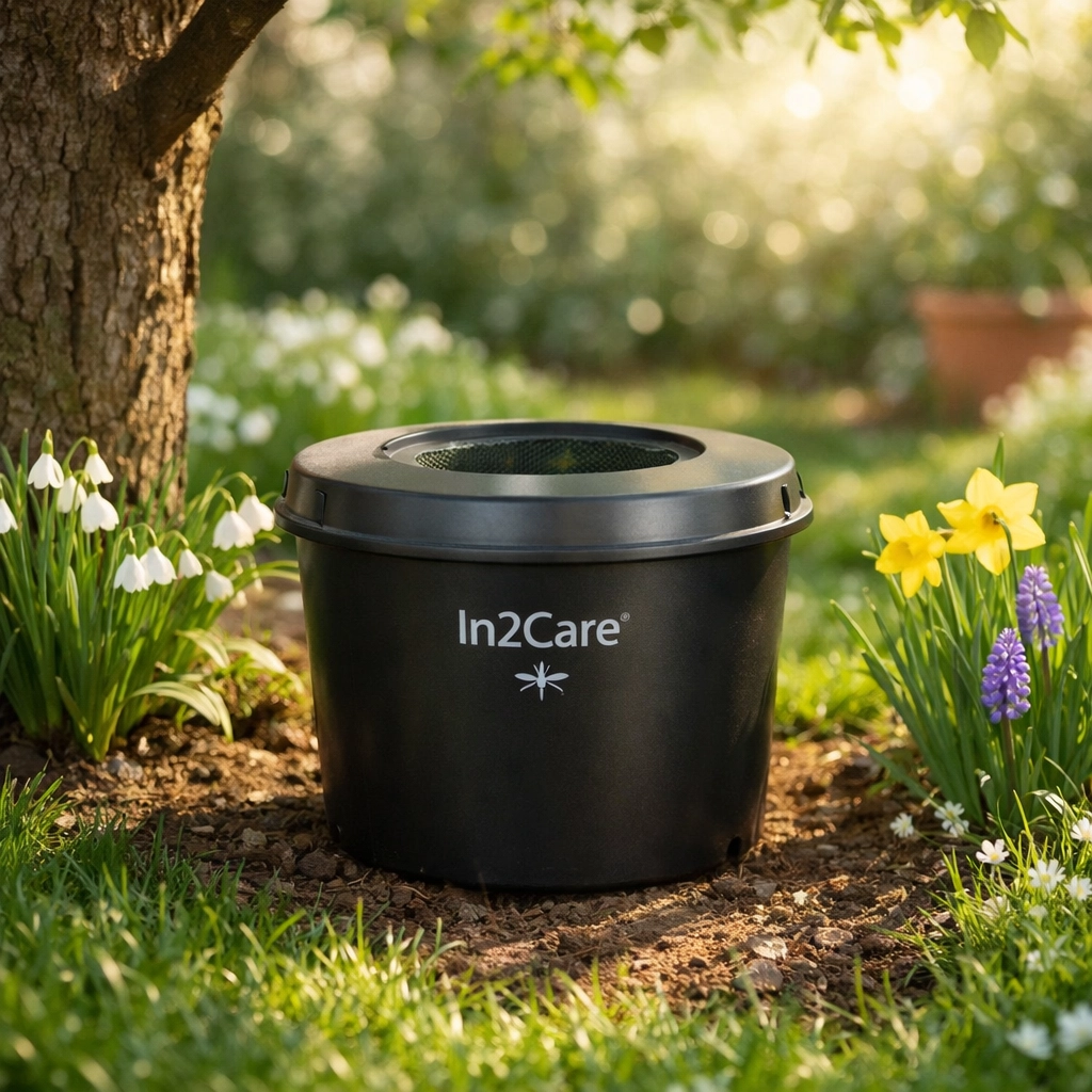 In2Care mosquito trap station in California backyard garden during early spring season