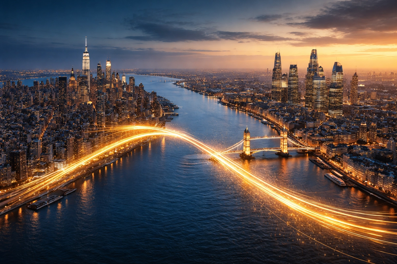 Aerial view of Manhattan and London financial districts connected, symbolizing global private equity diversification