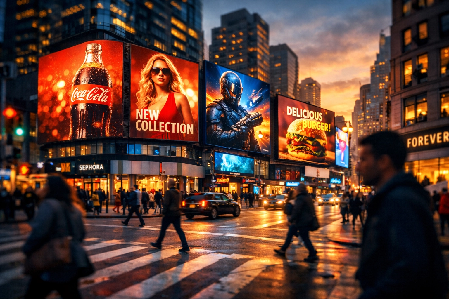 Digital billboard screens displaying advertisements in busy urban intersection at dusk