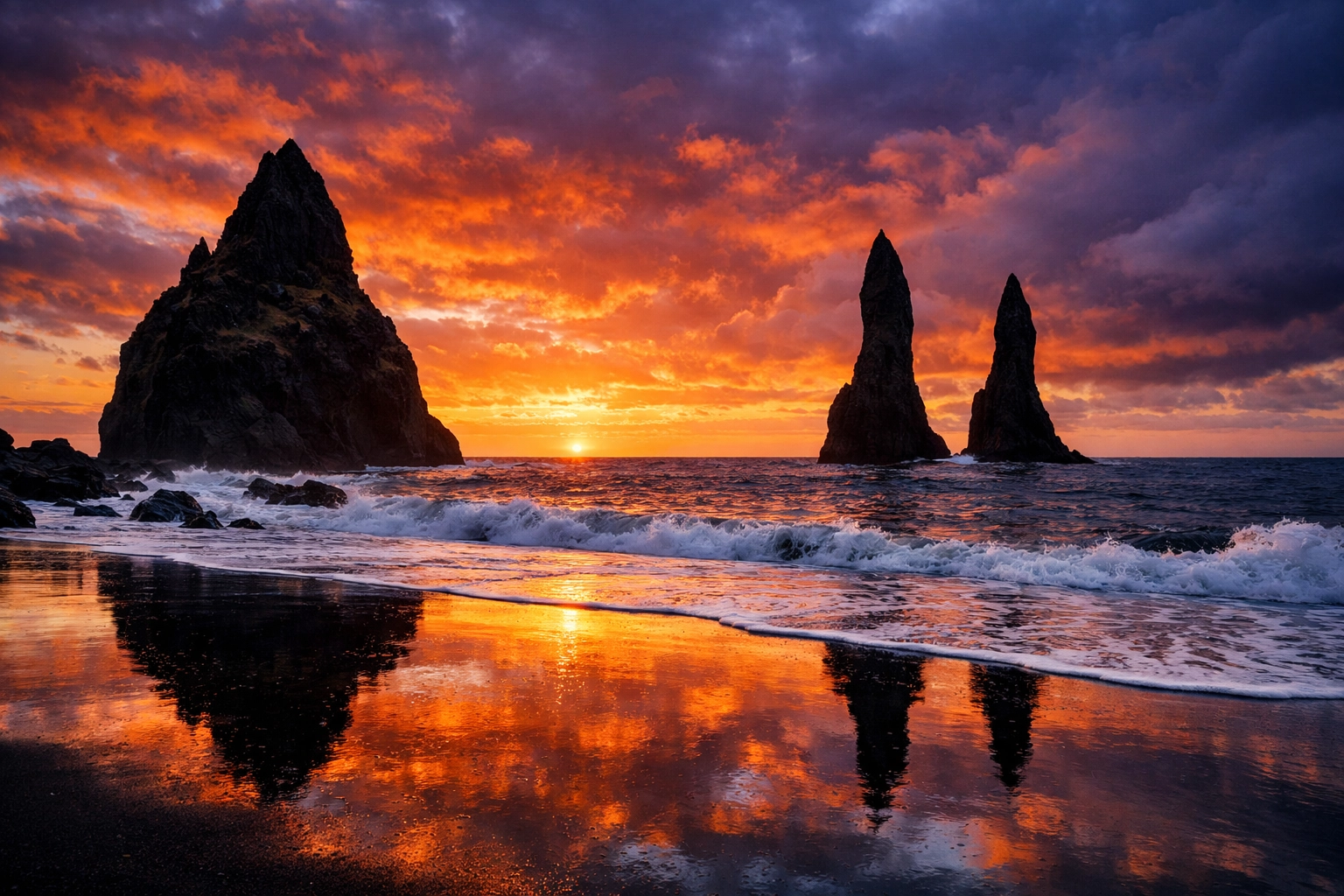 Level ocean horizon and sea stacks at sunset demonstrating landscape photography framing.