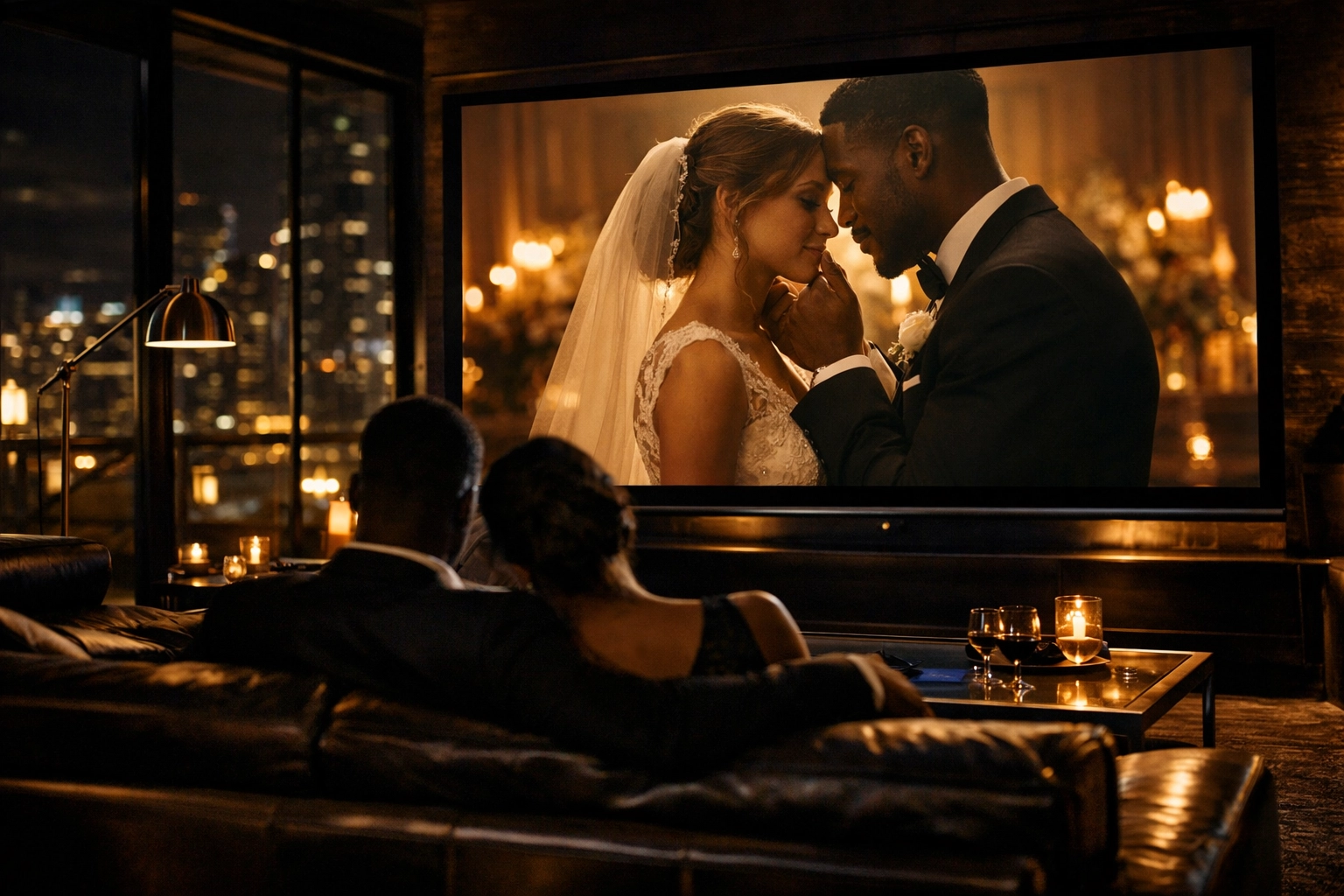 Couple watching their cinematic wedding film on screen in modern home