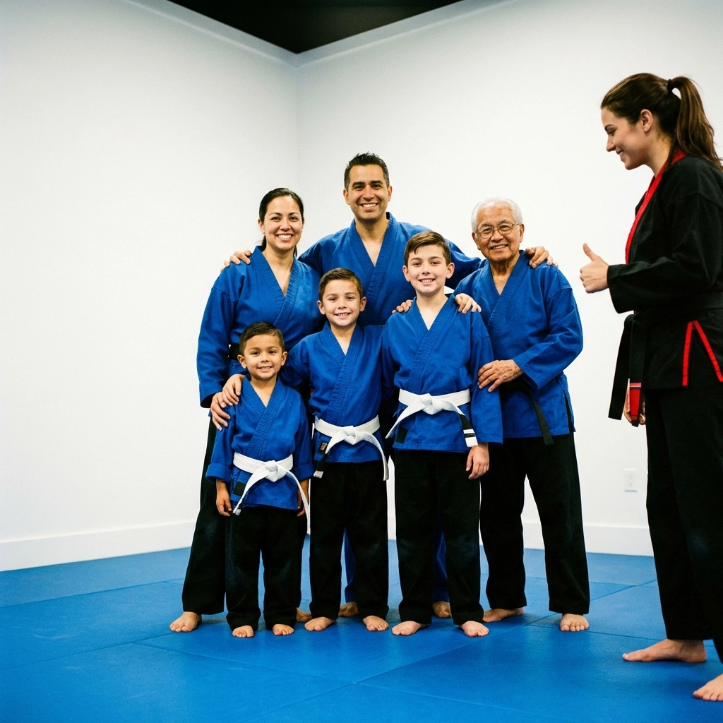Family in martial arts uniforms smiling on blue mats at Kane Academy Huddersfield, welcoming all ages to karate classes