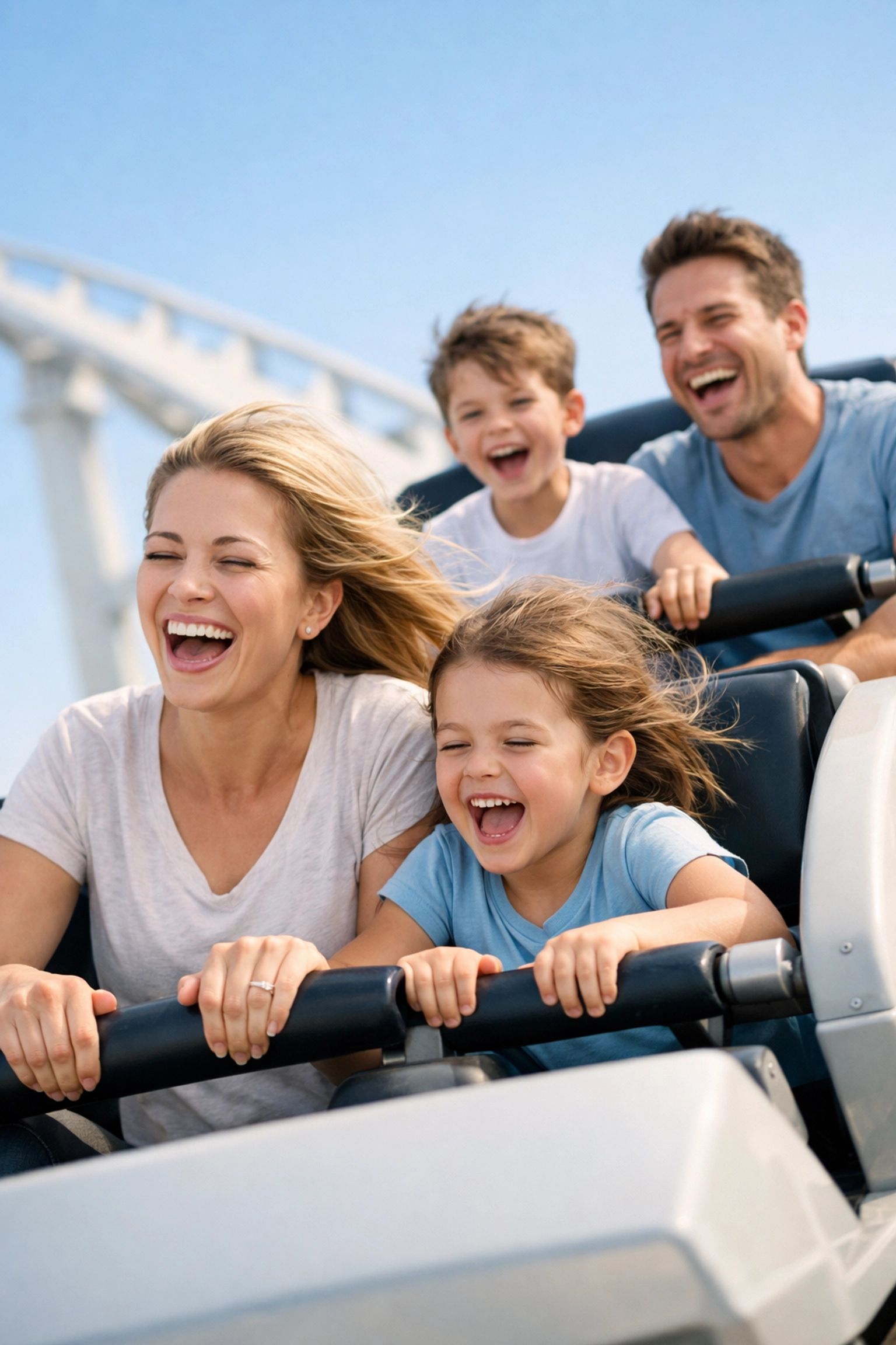 Famille profitant des sensations fortes sur un grand huit dans un parc d'attractions français