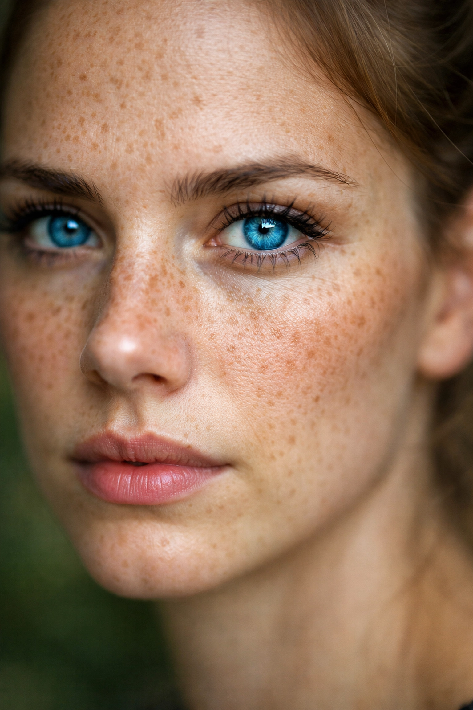Close-up portrait with sharp focus on eyes, demonstrating manual mode depth of field and bokeh background.