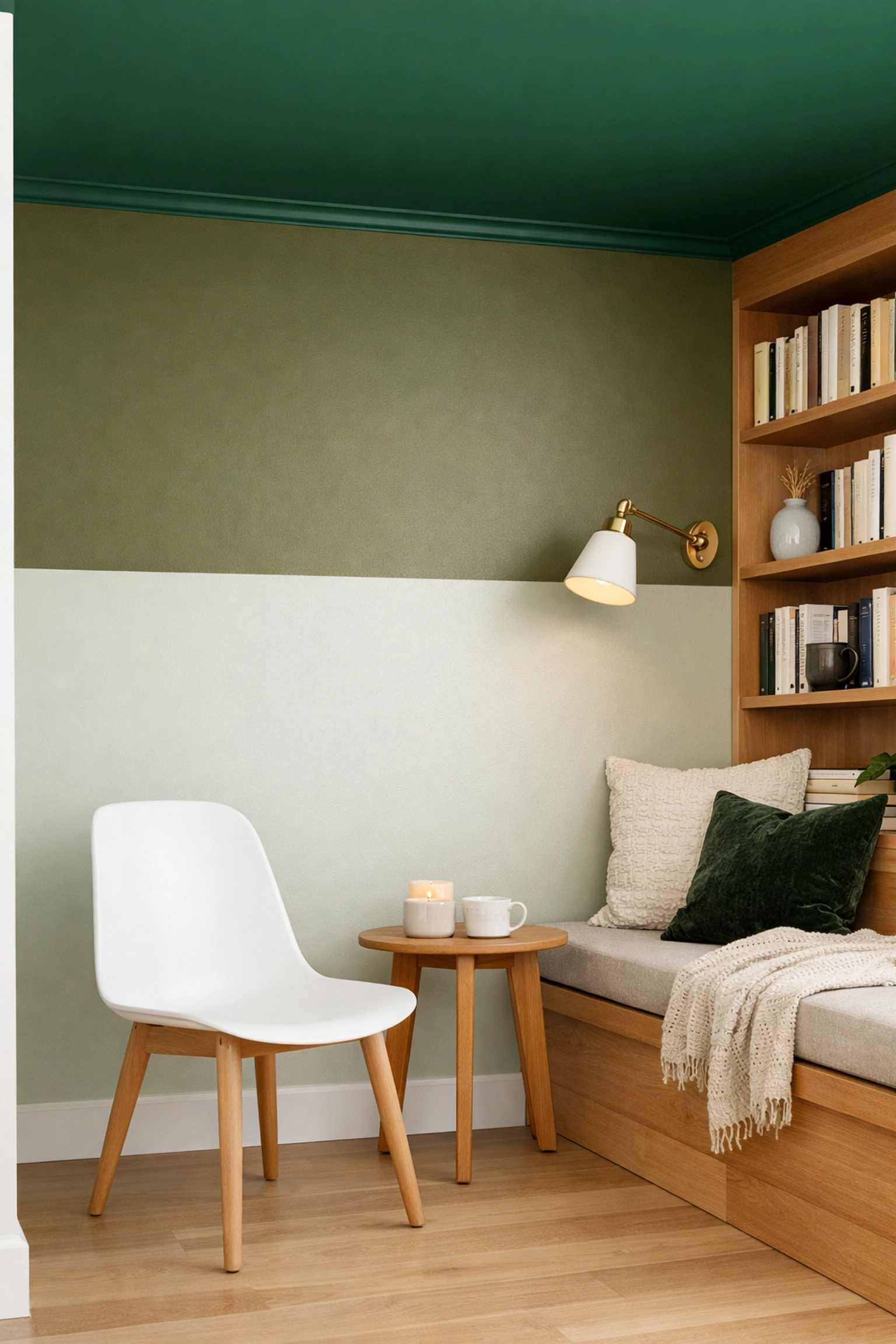 The Forest Retreat colour palette applied to a reading nook using the colour capping method.