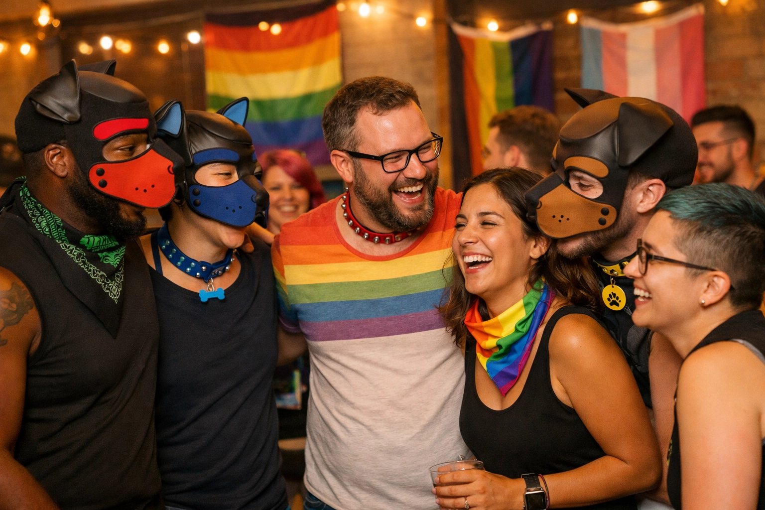 LGBTQ+ community members socializing at a puppy play mosh event