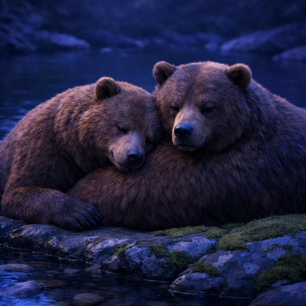 Two brown bears resting together by a stream, symbolizing intimacy and companionship in the wild.