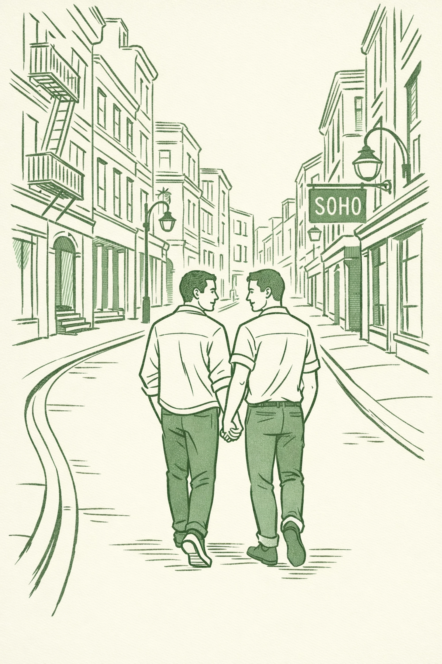 MM couple walking hand-in-hand through Soho's historic streets, celebrating new beginnings and love.