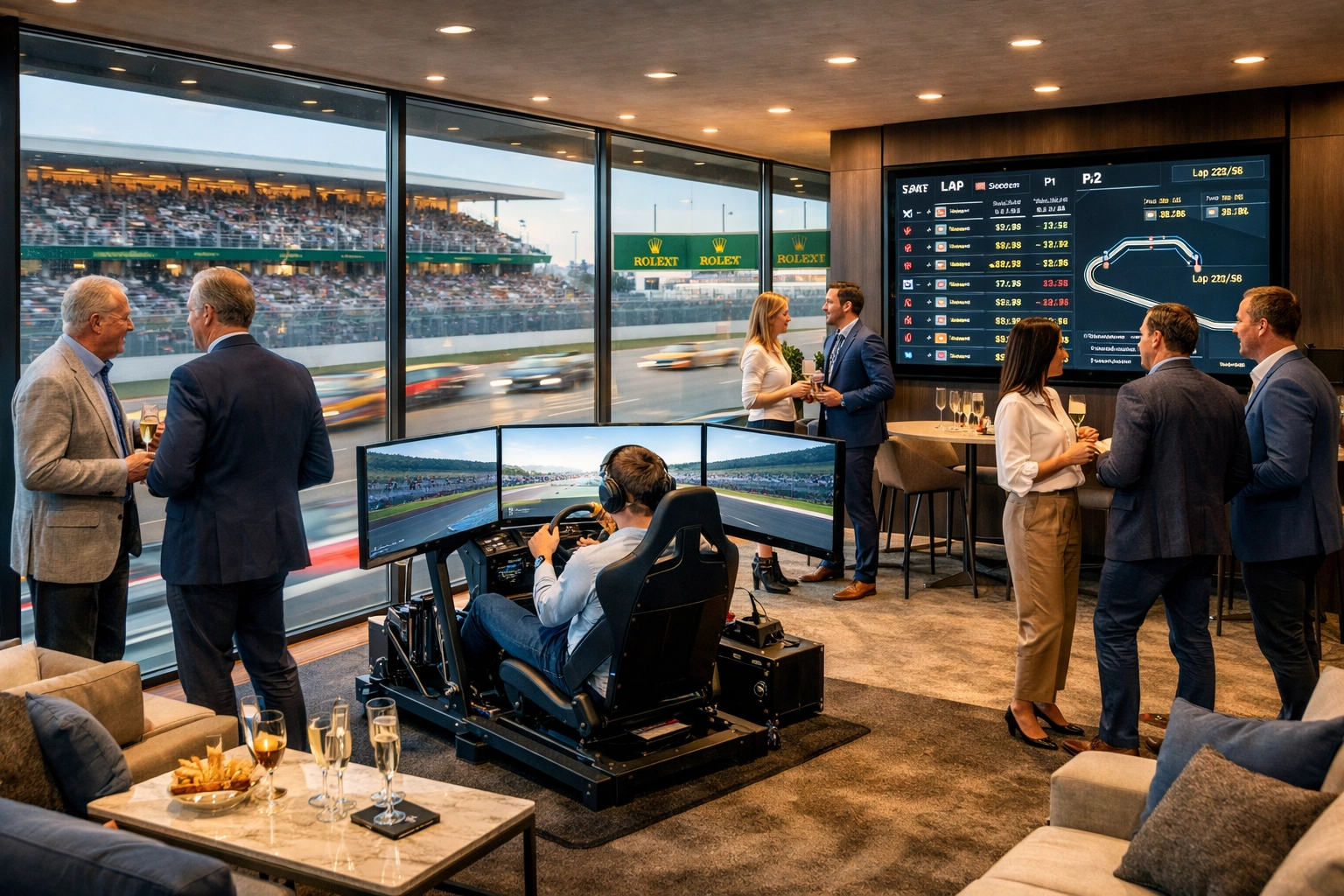 Business leaders networking in a luxury motorsport hospitality suite featuring a professional SIM racing rig.