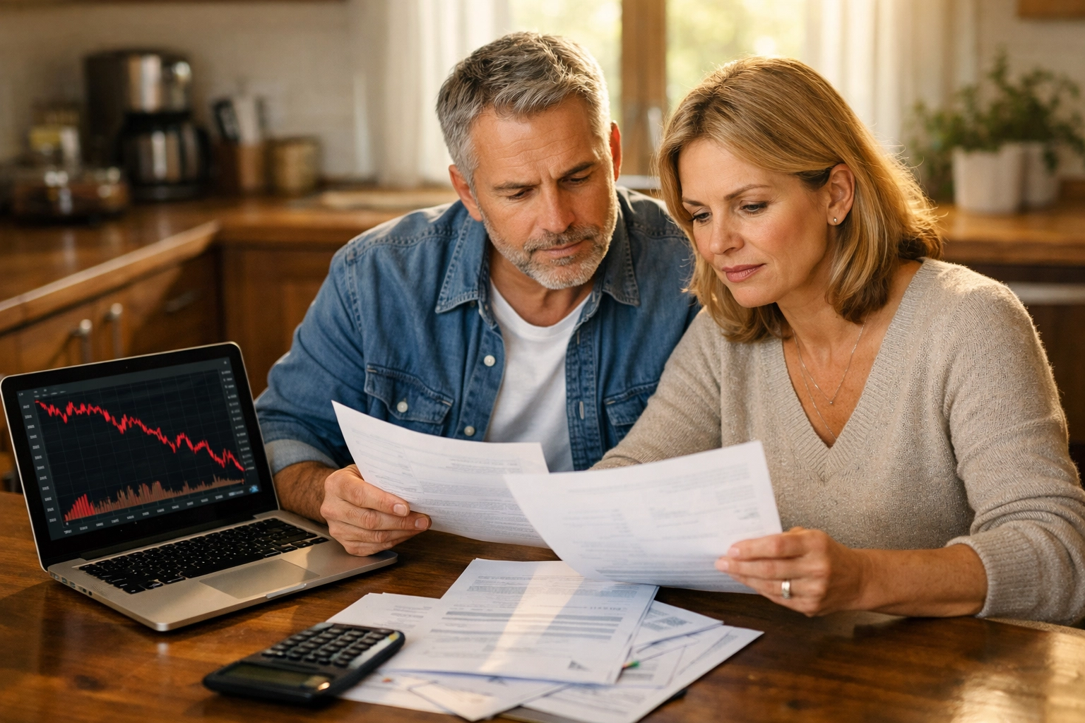 Couple reviewing retirement savings as stock market chart shows decline