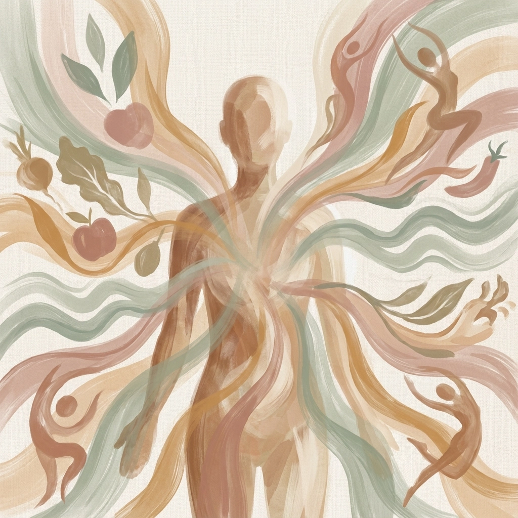 Abstract of a human silhouette with colorful, flowing lines and figures. Includes fruits and leaves, evoking harmony and vitality. Neutral tones.