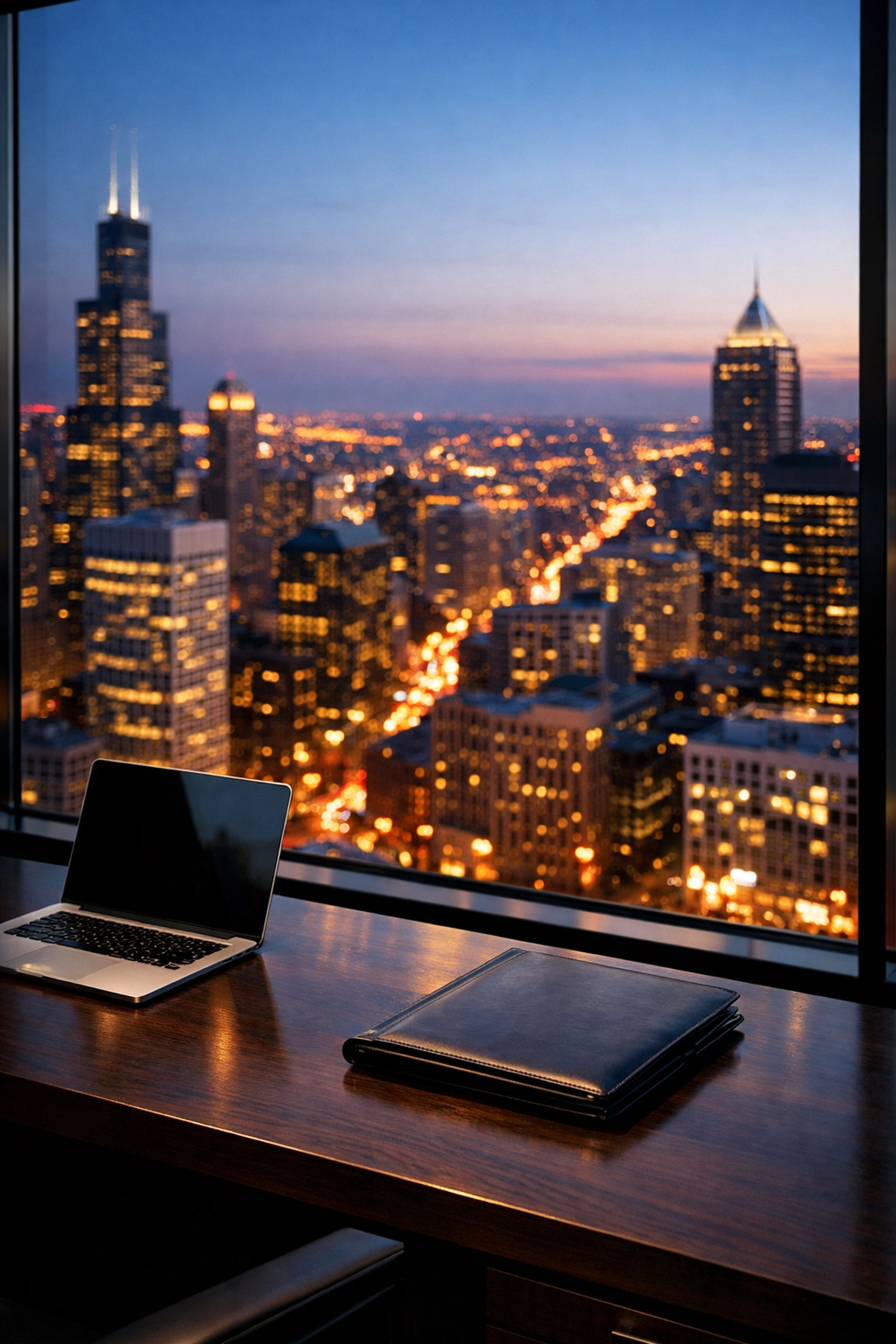 Organized executive desk overlooking a city skyline symbolizing reliable property management operations.