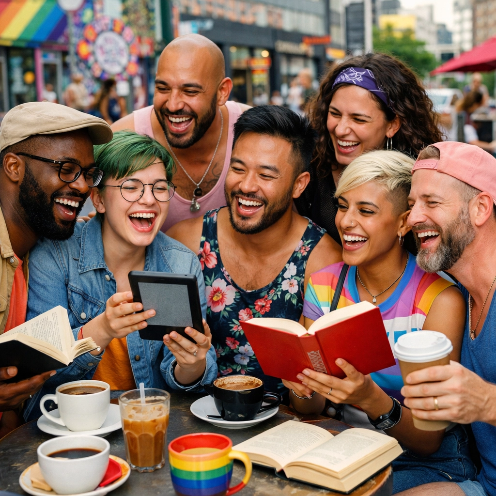 Diverse LGBTQ+ book club and queer writers sharing ideas at a vibrant outdoor cafe.
