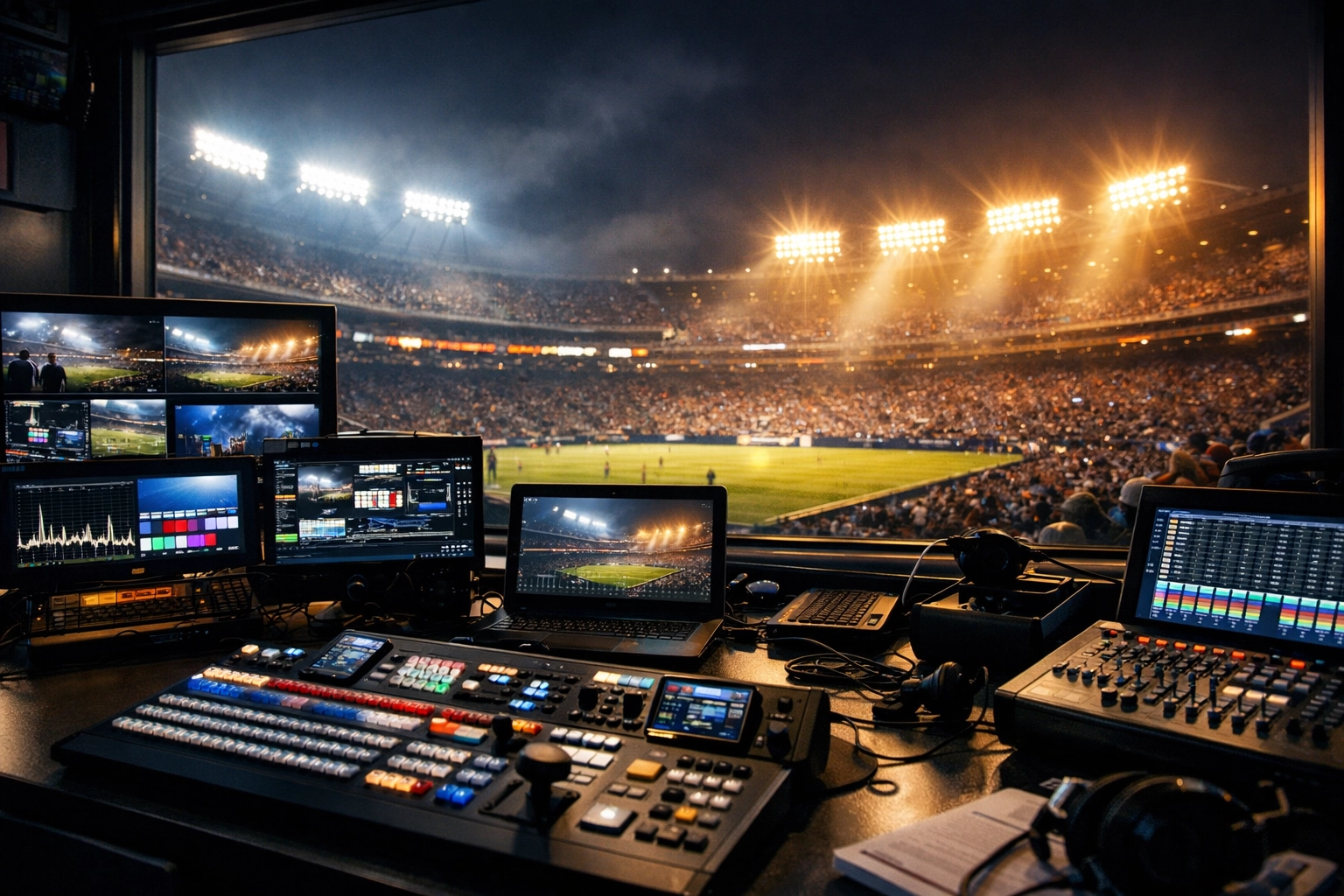 A professional broadcast control room overlooking a stadium, representing the scale and ROI of Super Bowl ads.