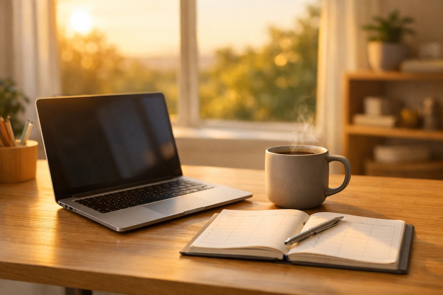Minimalist home office desk with a laptop and planner for calculating monthly income and expenses.