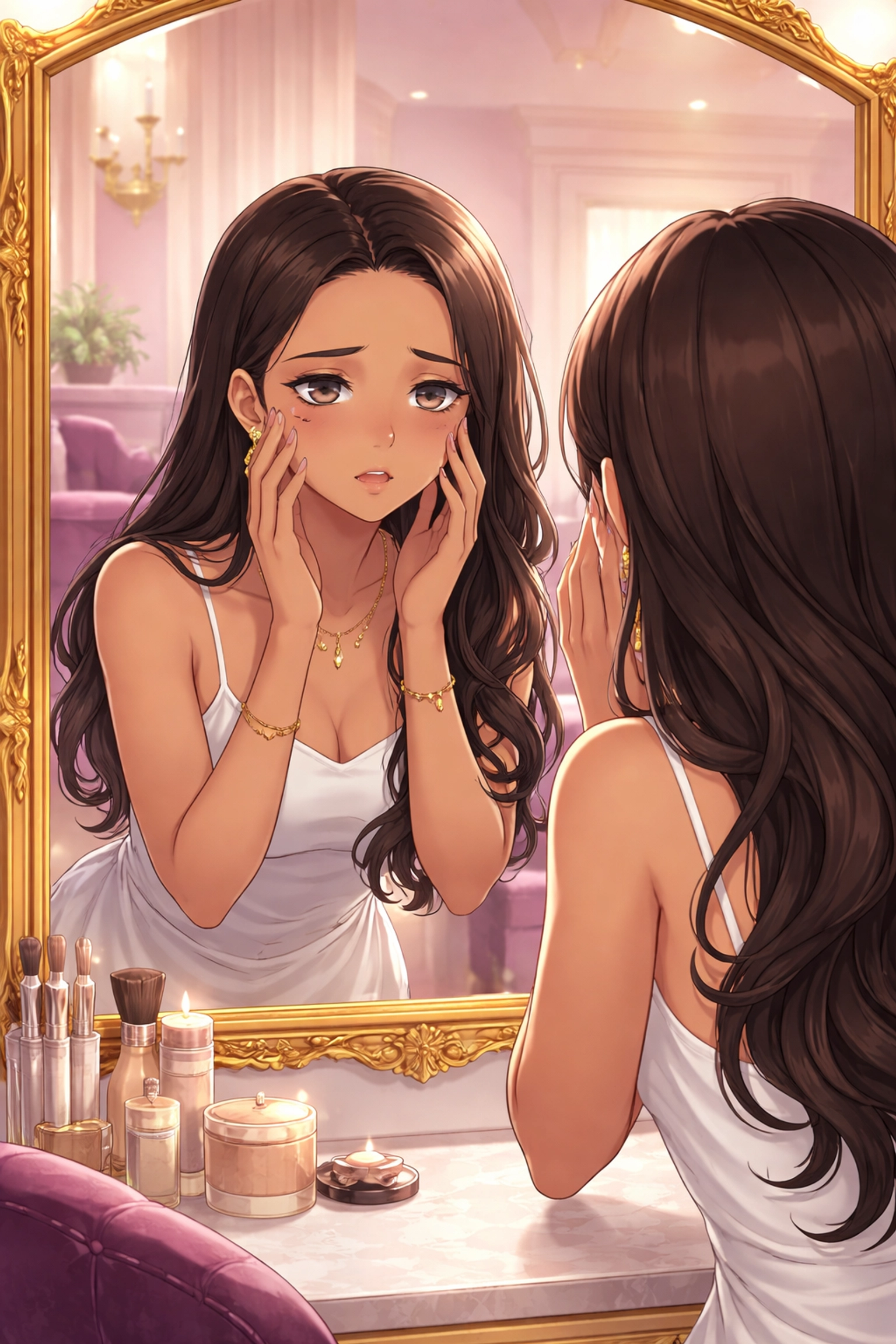 Woman looking in vanity mirror at faded, uneven brows in a luxury beauty salon, symbolizing emotional impact of botched PMU brows correction.